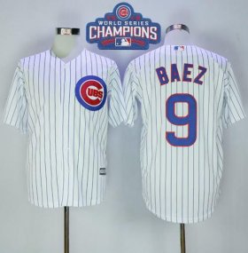 Wholesale Cheap Cubs #9 Javier Baez White(Blue Strip) New Cool Base 2016 World Series Champions Stitched MLB Jersey