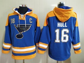 Wholesale Cheap Men\'s St Louis Blues #16 Brett Hull Blue Ageless Must Have Lace Up Pullover Hoodie