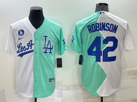 Wholesale Men\'s Los Angeles Dodgers #42 Jackie Robinson White Green Two Tone 2022 Celebrity Softball Game Cool Base Jersey
