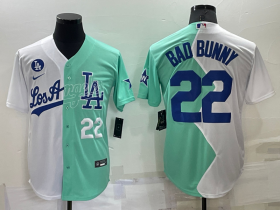 Wholesale Men\'s Los Angeles Dodgers #22 Bad Bunny White Green Number 2022 Celebrity Softball Game Cool Base Jersey 1