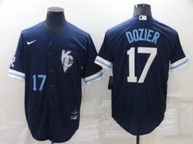 Wholesale Cheap Men\'s Kansas City Royals #17 Hunter Dozier Number 2022 Navy Blue City Connect Cool Base Stitched Jersey
