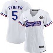 Women's Texas Rangers #5 Corey Seager White 2023 World Series Stitched Baseball Jersey(Run Small)