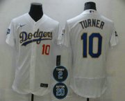 Wholesale Cheap Men's Los Angeles Dodgers #10 Justin Turner White Gold #2 #20 Patch Stitched MLB Flex Base Nike Jersey