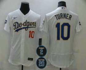Wholesale Cheap Men\'s Los Angeles Dodgers #10 Justin Turner White Gold #2 #20 Patch Stitched MLB Flex Base Nike Jersey