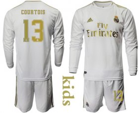 Wholesale Cheap Real Madrid #13 Courtois Home Long Sleeves Kid Soccer Club Jersey