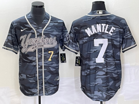 Wholesale Cheap Men\'s New York Yankees #7 Mickey Mantle Number Grey Camo Cool Base With Patch Stitched Baseball Jersey
