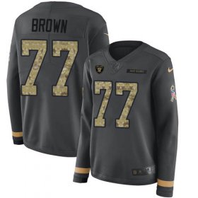 Wholesale Cheap Nike Raiders #77 Trent Brown Anthracite Salute to Service Women\'s Stitched NFL Limited Therma Long Sleeve Jersey