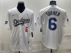 Wholesale Cheap Men\'s Los Angeles Dodgers #6 Trea Turner Number White Gold Championship Stitched MLB Cool Base Nike Jersey