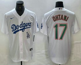 Cheap Men\'s Los Angeles Dodgers #17 Shohei Ohtani White Green Stitched Cool Base Nike Jersey