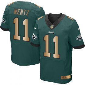 Wholesale Cheap Nike Eagles #11 Carson Wentz Midnight Green Team Color Men\'s Stitched NFL New Elite Gold Jersey