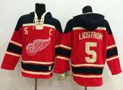 Wholesale Cheap Red Wings #5 Nicklas Lidstrom Red Sawyer Hooded Sweatshirt Stitched NHL Jersey