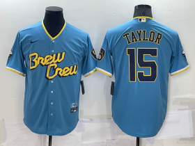 Wholesale Cheap Men\'s Milwaukee Brewers #15 Tyrone Taylor Blue 2022 City Connect Cool Base Stitched Jersey