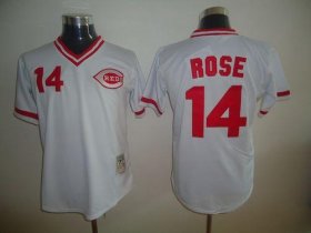 Wholesale Cheap Mitchell and Ness Reds #14 Pete Rose Stitched White Throwback MLB Jersey