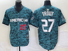 Wholesale Cheap Men\'s Los Angeles Angels #27 Mike Trout Number Teal 2023 All Star Cool Base Stitched Jersey