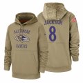 Wholesale Cheap Baltimore Ravens #8 Lamar Jackson Nike Tan 2019 Salute To Service Name & Number Sideline Therma Pullover Hoodie