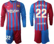 Wholesale Cheap Men 2021-2022 Club Barcelona home red blue Long Sleeve 22 Nike Soccer Jersey