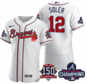 Wholesale Cheap Men's White Atlanta Braves #12 Jorge Soler 2021 World Series Champions With 150th Anniversary Flex Base Stitched Jersey