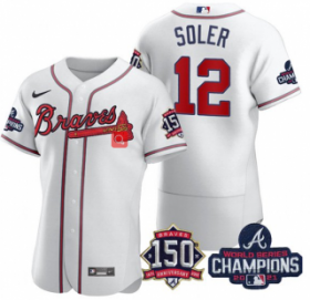 Wholesale Cheap Men\'s White Atlanta Braves #12 Jorge Soler 2021 World Series Champions With 150th Anniversary Flex Base Stitched Jersey