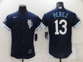 Wholesale Cheap Men\'s Kansas City Royals #13 Salvador Perez 2022 Navy City Connect Flex Base Stitched MLB Jersey