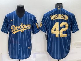 Wholesale Men\'s Los Angeles Dodgers #42 Jackie Robinson Navy Blue Gold Pinstripe Stitched MLB Cool Base Nike Jersey