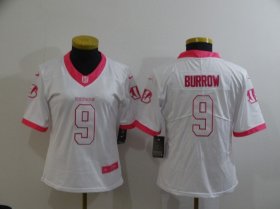 Wholesale Cheap Women\'s Cincinnati Bengals #9 Joe Burrow White Pink 2016 Color Rush Fashion NFL Nike Limited Jersey