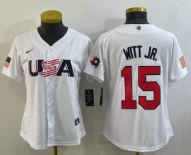 Cheap Women\'s USA Baseball #15 Bobby Witt Jr 2023 White World Classic Replica Stitched Jerseys