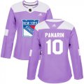 Wholesale Cheap Adidas Rangers #10 Artemi Panarin Purple Authentic Fights Cancer Women's Stitched NHL Jersey