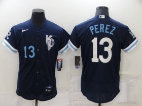 Wholesale Cheap Men\'s Kansas City Royals #13 Salvador Perez Number 2022 Navy City Connect Flex Base Stitched MLB Jersey