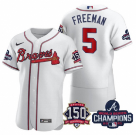 Wholesale Cheap Men\'s White Atlanta Braves #5 Freddie Freeman 2021 World Series Champions With 150th Anniversary Flex Base Stitched Jersey