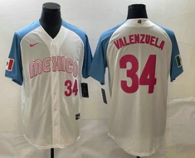 Cheap Men\'s Mexico Baseball #34 Fernando Valenzuela Number 2023 White Blue World Classic Stitched Jersey