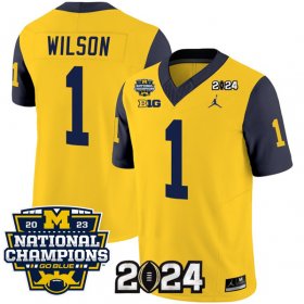 Cheap Men\'s Michigan Wolverines #1 Roman Wilson Yellow Navy 2024 F.U.S.E. With 2023 National Champions Patch Stitched Jersey