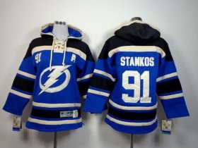 Wholesale Cheap Lightning #91 Steven Stamkos Royal Blue Sawyer Hooded Sweatshirt Stitched Youth NHL Jersey