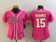 Wholesale Cheap Women's Kansas City Chiefs #15 Patrick Mahomes Pink White With Patch Cool Base Stitched Baseball Jersey