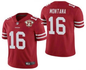 Wholesale Cheap Men\'s San Francisco 49ers #16 Joe Montana Red 75th Anniversary Patch 2021 Vapor Untouchable Stitched Nike Limited Jersey