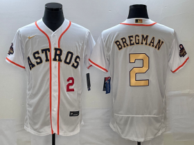Wholesale Cheap Men\'s Houston Astros #2 Alex Bregman Number 2023 White Gold World Serise Champions Patch Flex Base Stitched Jersey1