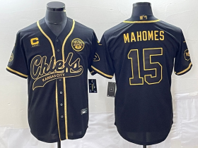 Wholesale Cheap Men\'s Kansas City Chiefs #15 Patrick Mahomes Black Gold C Patch Cool Base Stitched Baseball Jersey