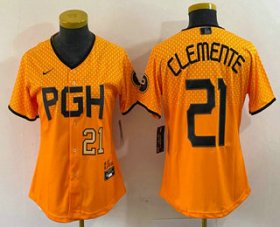 Wholesale Cheap Women\'s Pittsburgh Pirates #21 Roberto Clemente Number Yellow 2023 City Connect Stitched Jersey2