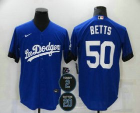 Wholesale Cheap Men\'s Los Angeles Dodgers #50 Mookie Betts Blue #2 #20 Patch City Connect Cool Base Stitched Jersey