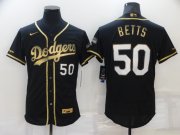 Wholesale Cheap Men's Los Angeles Dodgers #50 Mookie Betts Black 2020 Champions Golden Edition Stitched Flex Base Nike Jersey