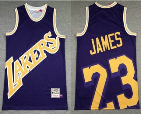 Wholesale Cheap Men\'s Los Angeles Lakers #23 LeBron James Purple Big Face Mitchell Ness Hardwood Classics Soul Swingman Throwback Jersey
