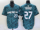 Wholesale Cheap Men's Los Angeles Angels #27 Mike Trout Number Teal 2023 All Star Cool Base Stitched Jersey3