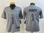Wholesale Cheap Youth Philadelphia Eagles #1 Jalen Hurts Gray Super Bowl LVII Patch Atmosphere Fashion Stitched Football Jersey