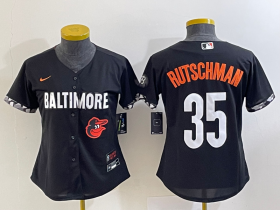 Wholesale Cheap Women\'s Baltimore Orioles #35 Adley Rutschman Black 2023 City Connect Cool Base Stitched Jersey 1