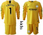 Wholesale Cheap Manchester City #1 C.Bravo Yellow Goalkeeper Long Sleeves Kid Soccer Club Jersey