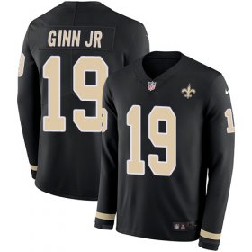 Wholesale Cheap Nike Saints #19 Ted Ginn Jr Black Team Color Men\'s Stitched NFL Limited Therma Long Sleeve Jersey