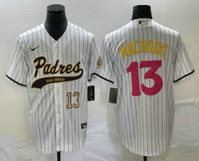 Wholesale Cheap Men\'s San Diego Padres #13 Manny Machado Number White Pinstripe 2023 City Connect Cool Base Stitched Jersey