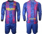 Wholesale Cheap Men 2021-2022 Club Barcelona Second away blue Long Sleeve blank Soccer Jersey