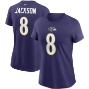 Wholesale Cheap Baltimore Ravens #8 Lamar Jackson Nike Women's Team Player Name & Number T-Shirt Purple