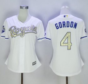 Wholesale Cheap Royals #4 Alex Gordon White 2015 World Series Champions Gold Program Cool Base Women\'s Stitched MLB Jersey