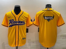 Wholesale Cheap Men\'s Baltimore Ravens Yellow Team Big Logo With Patch Cool Base Stitched Baseball Jersey